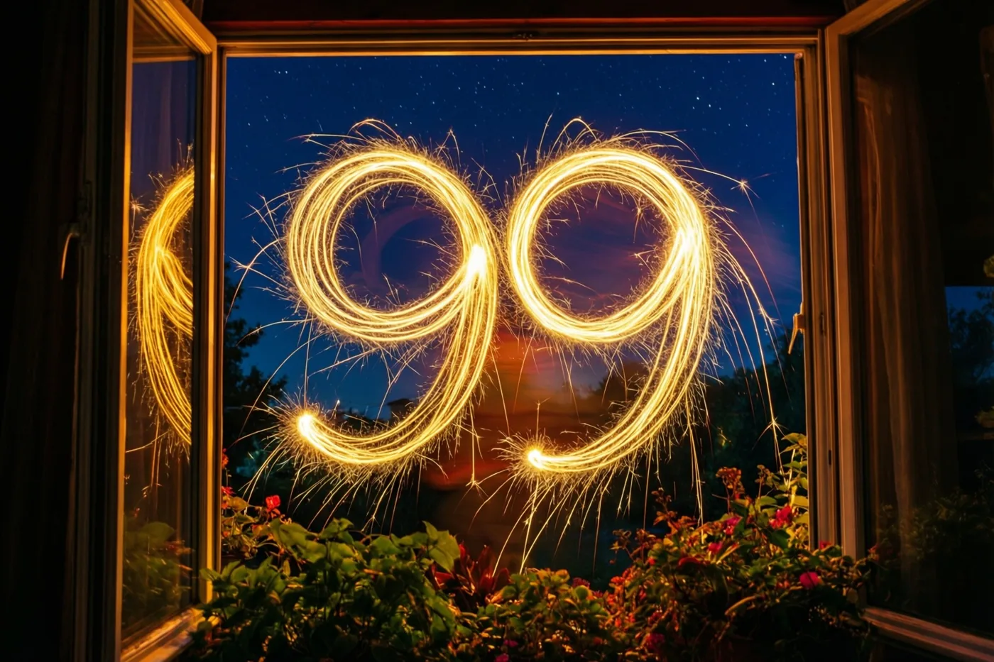 Door een open raam met planten op de voorgrond zijn gouden lichtsporen in de vorm van 99 te zien tegen een sterrenhemel.