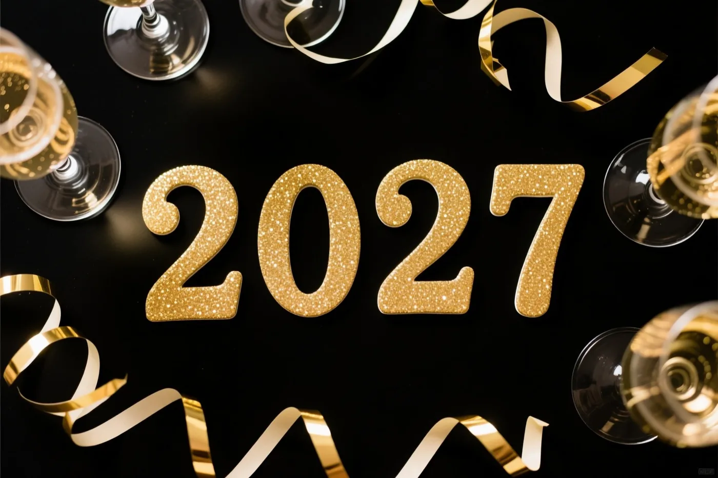 Grote goudglitterende cijfers vormen 2027 op een zwart oppervlak, omringd door champagneglazen en gouden slingers.