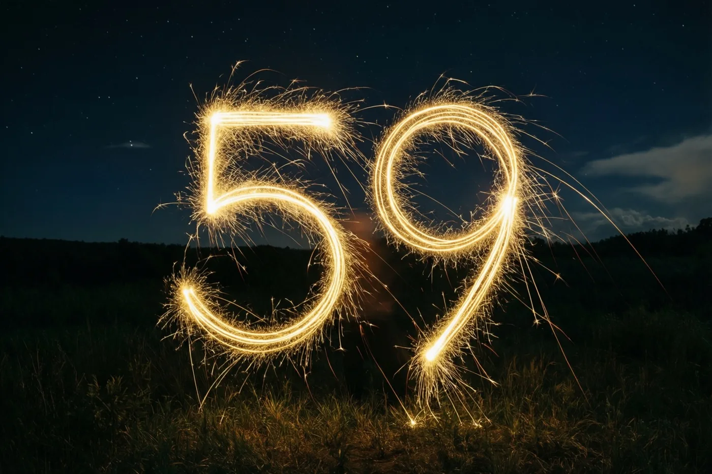 Gouden lichtsporen van sterretjes vormen 59 boven een grasveld onder een donkere sterrenhemel.