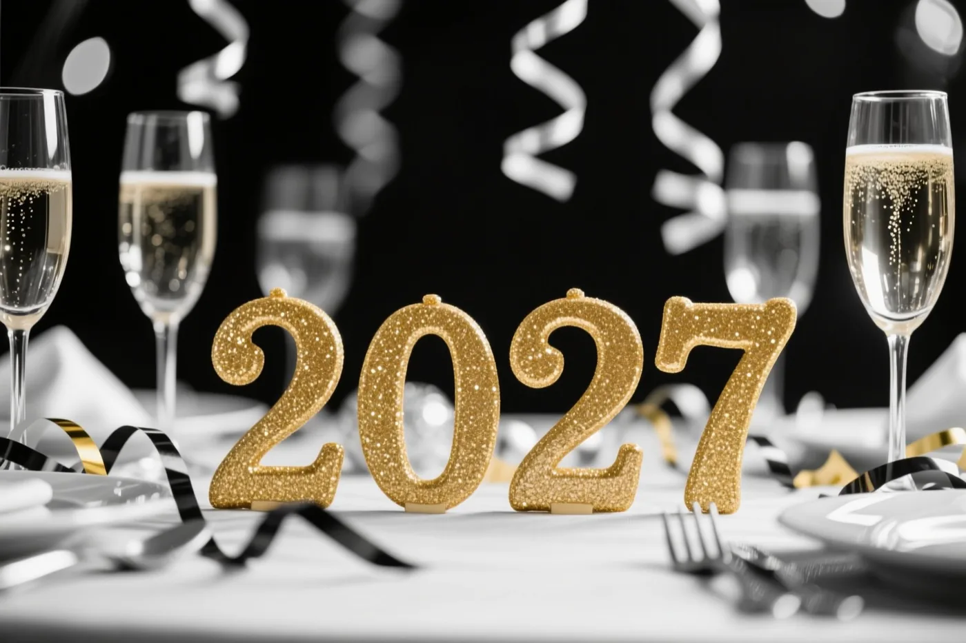 Grote gouden glittercijfers vormen 2027 op een wit tafelkleed tussen champagneglazen en zwarte en gouden slingers, voor een zwarte achtergrond.