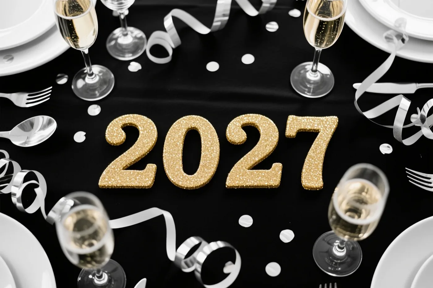 Gouden glittercijfers vormen 2027 op een zwart tafelkleed tussen champagneglazen, zilveren slingers en witte borden.