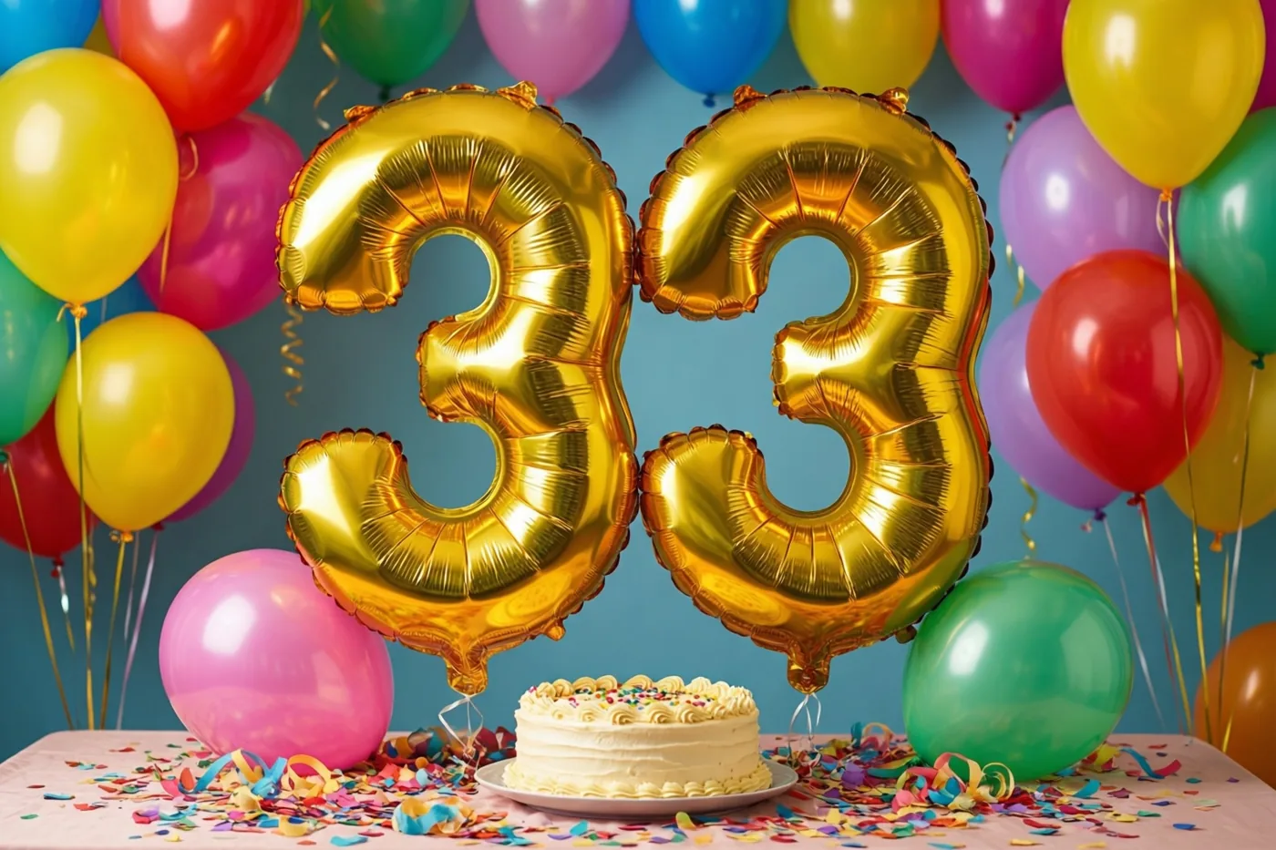 Twee grote gouden folieballonnen vormen 33 boven een tafel met gekleurde confetti en een kleine taart, tegen een blauwe achtergrond met kleurrijke ballonnen.