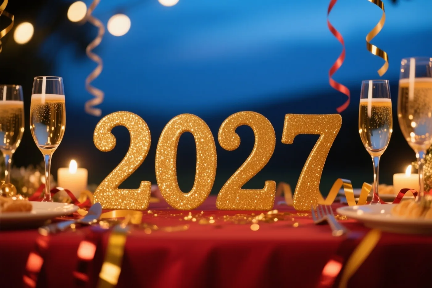 Grote gouden glittercijfers vormen 2027 tussen champagneglazen, kaarsen en kleurrijke slingers voor een donkerblauwe achtergrond.