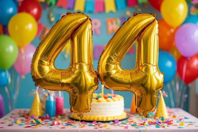 Gouden folieballonnen vormen 44 boven een tafel met kleurrijke confetti en een verjaardagstaart, met veelkleurige ballonnen en feestversiering tegen een blauwe muur.