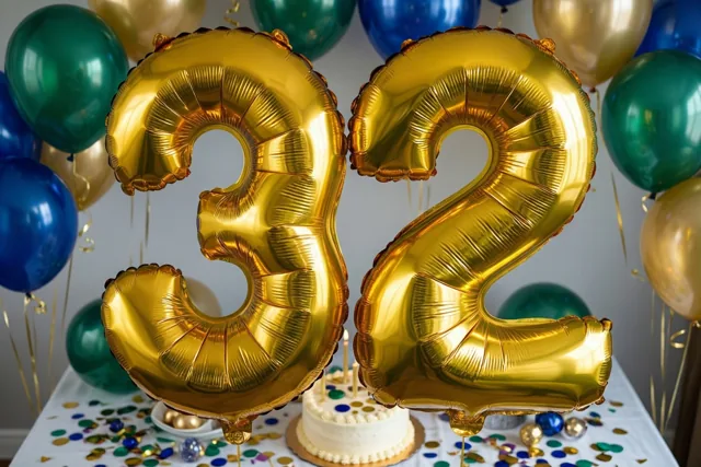 Gouden folieballonnen vormen 32 boven een tafel met confetti en een kleine taart, met blauwe, groene en gouden ballonnen op de achtergrond.