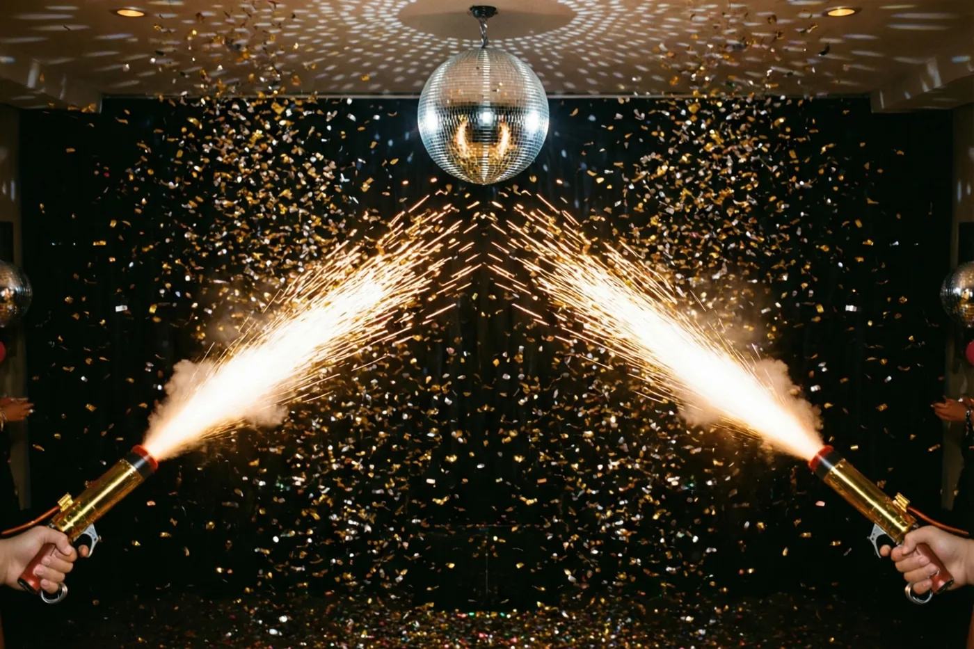 Twee handen houden confettikanonnen vast die gouden confetti door een donkere kamer schieten, terwijl een spiegelbol lichtpatronen op het plafond en de muren werpt.