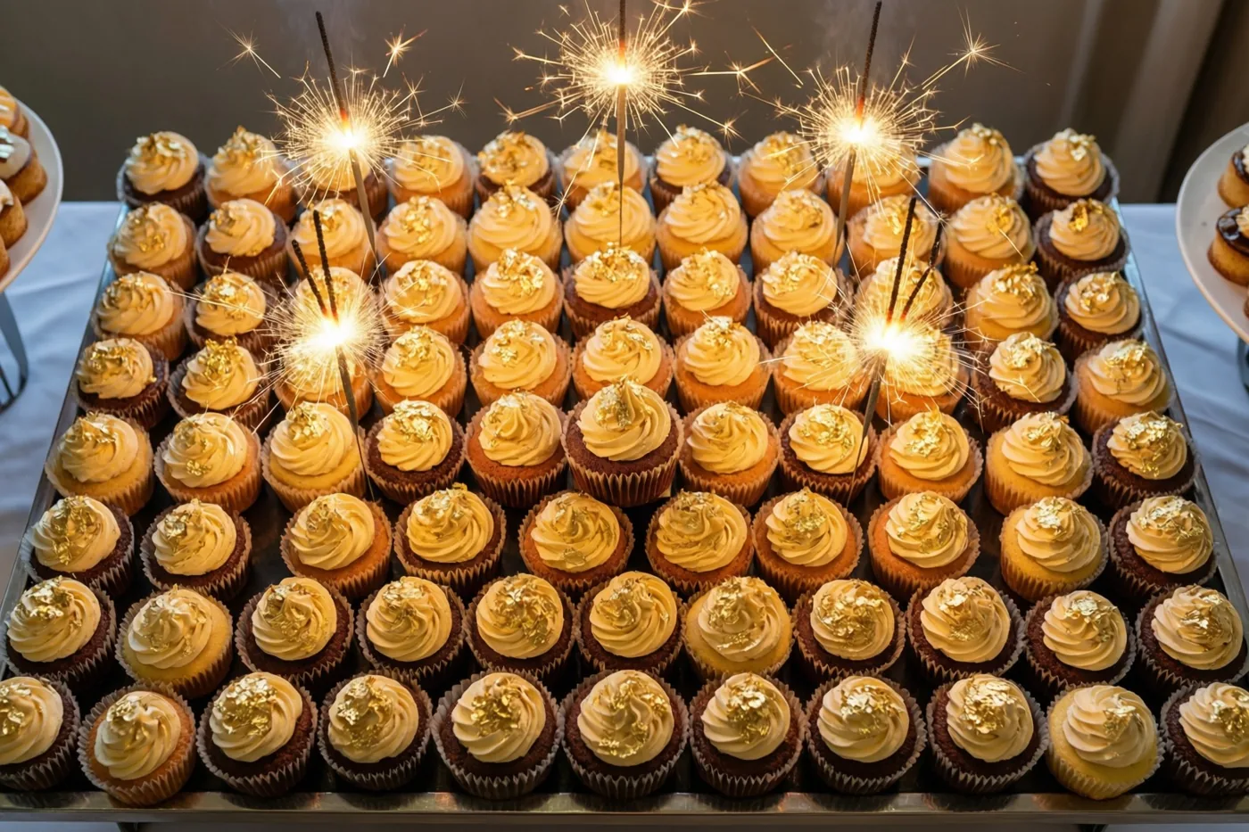 Op een buffettafel staat een schaal kleine cupcakes met goudkleurig glazuur, bladgoud en op elke cupcake een brandend sterretje.