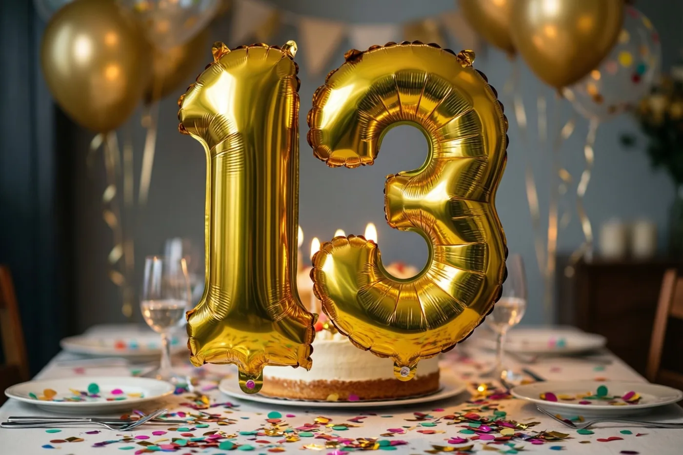 Grote gouden folieballonnen vormen 13 boven een feesttafel met kleurrijke confetti en taart, in een warm verlichte kamer met meer gouden ballonnen op de achtergrond.
