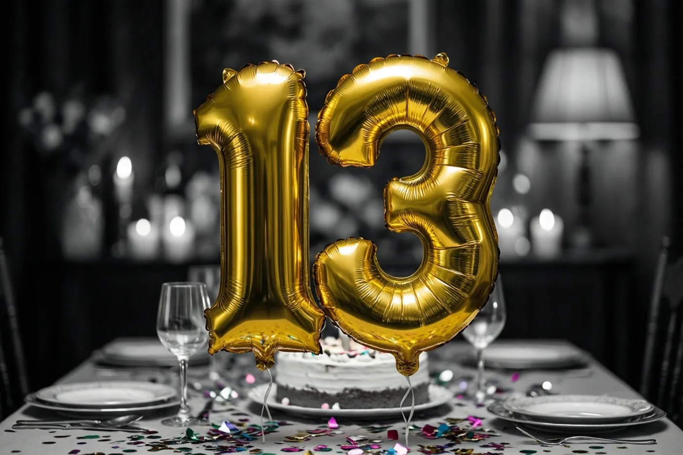 Twee grote gouden folieballonnen vormen 13 boven een feesttafel met confetti en taart, waarbij het goud afsteekt tegen een zwart-witte achtergrond.