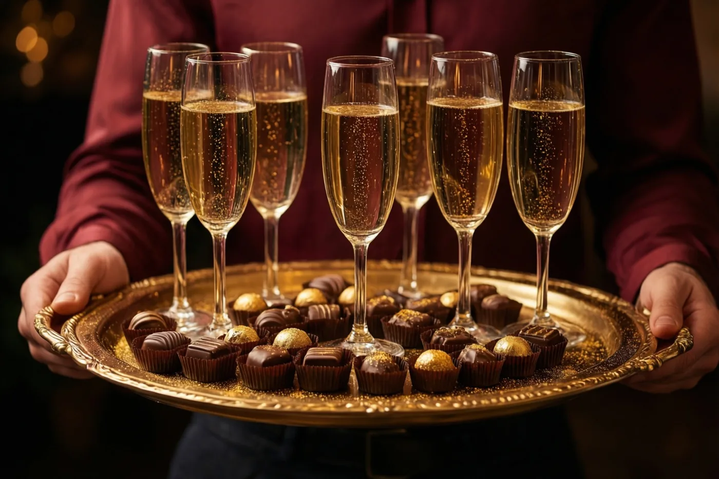 Iemand in een bordeauxrood hemd houdt een gouden dienblad vast met zes champagneglazen en verschillende chocolaatjes met goudpoeder.