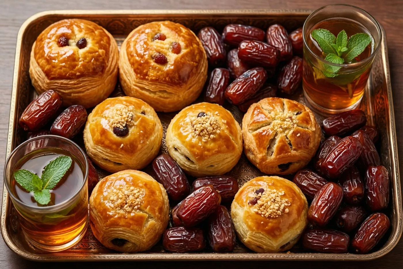 Een gouden dienblad met goudbruine gebakjes, donkere dadels en twee glazen amberkleurige muntthee staat op een donker houten oppervlak.