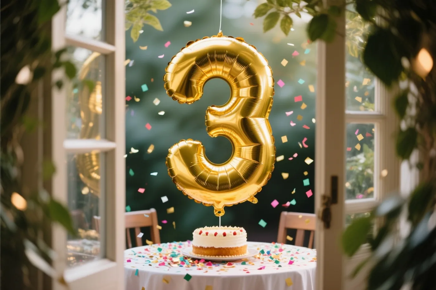 Door een open raam met groene bladeren is een grote gouden cijferballon 3 te zien boven een tafel met kleurrijke confetti en een taartje.