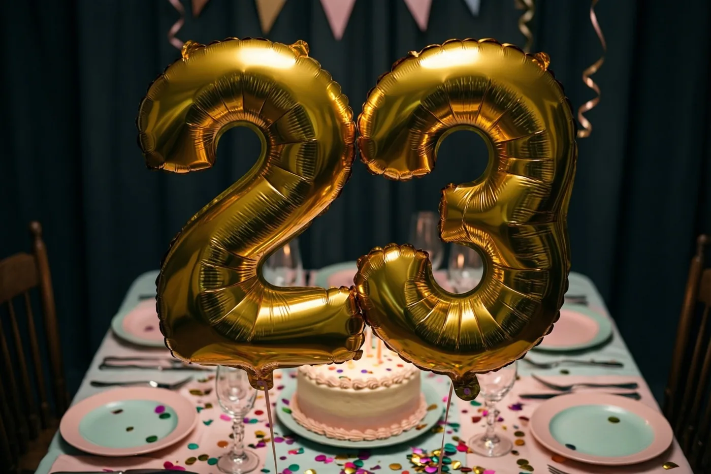 Twee glanzende gouden ballonnen vormen 23 boven een tafel met confetti en taart, voor donkere gordijnen en roze en gouden feestversiering.