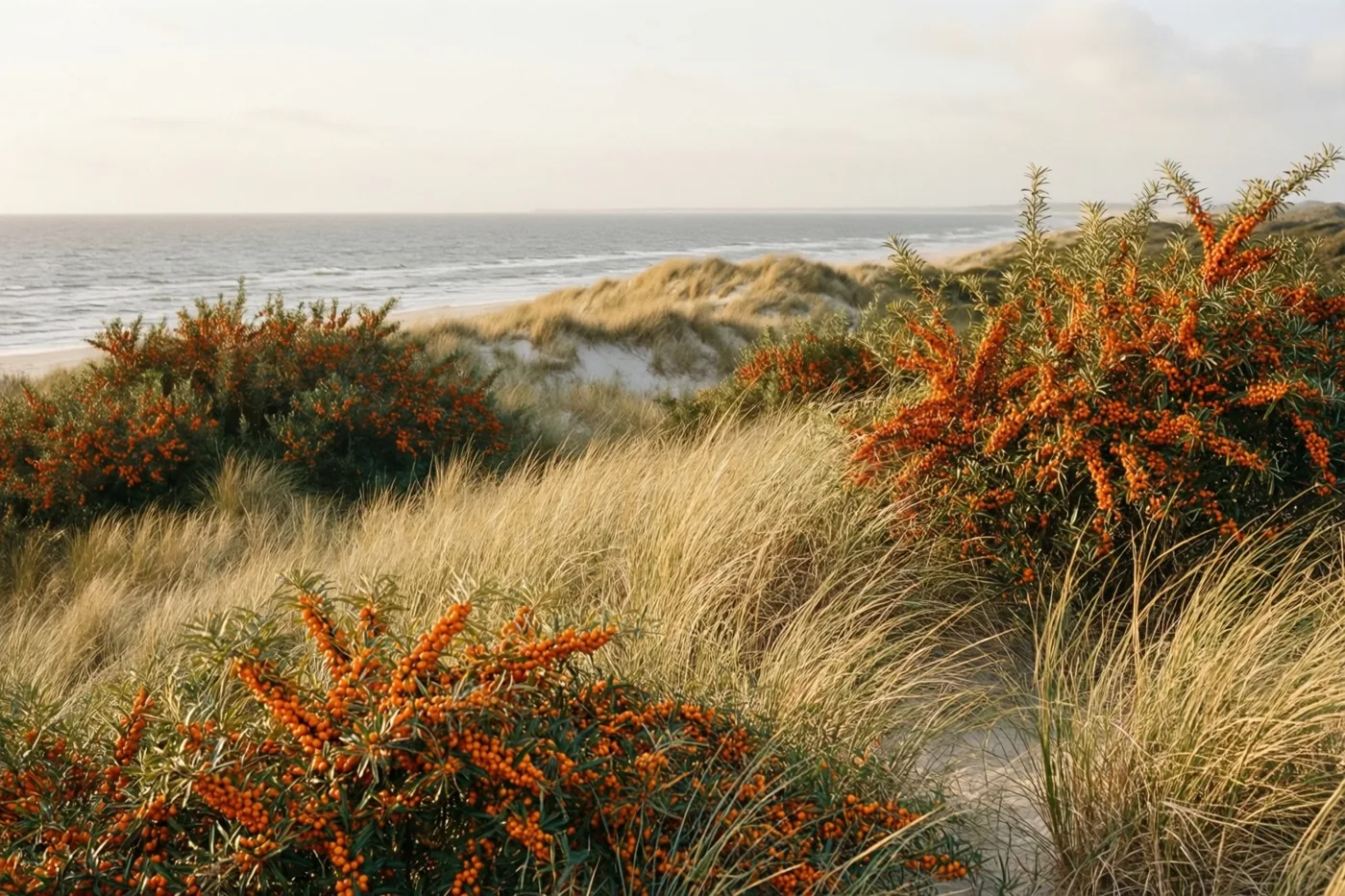 Goudkleurig helmgras en duindoornstruiken vol feloranje bessen bedekken de kustduinen, met de grijze zee op de achtergrond.