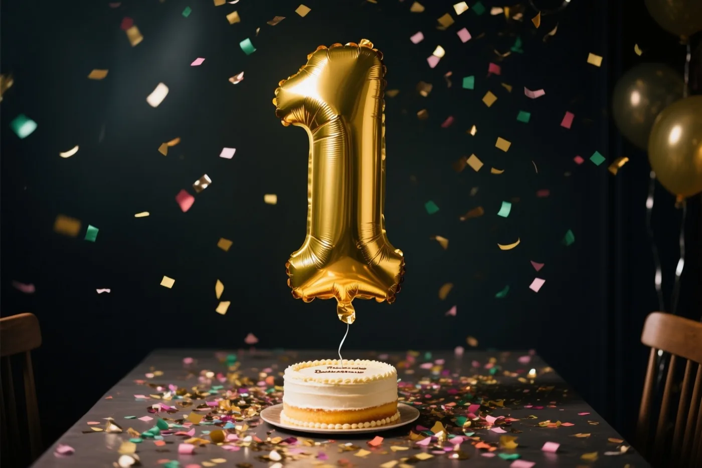 Een grote gouden ballon in de vorm van het cijfer 1 zweeft boven een taartje met wit glazuur, tussen kleurrijke confetti en gouden ballonnen tegen een donkere achtergrond.