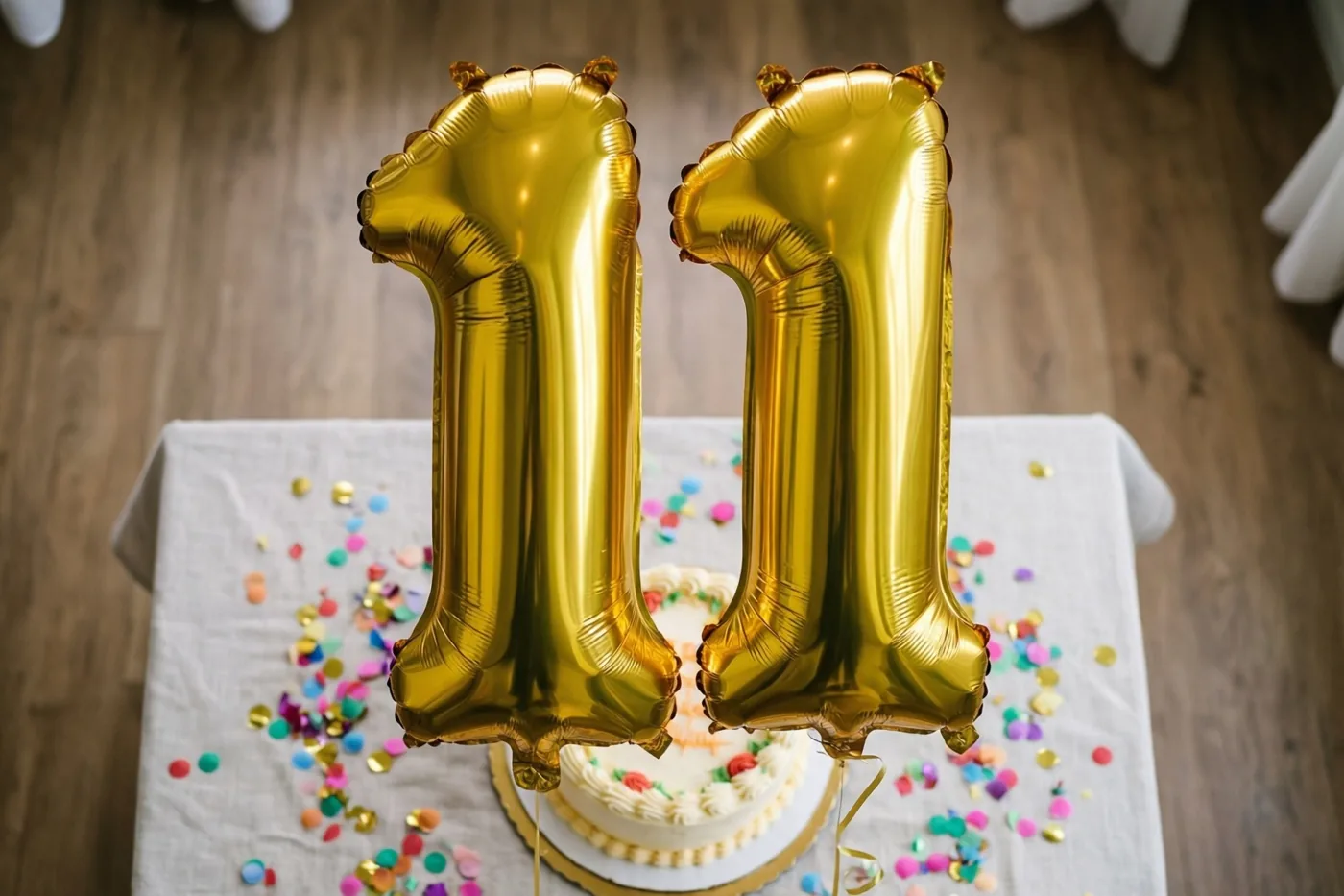 Twee grote goudkleurige folieballonnen vormen 11 boven een tafel met een wit tafelkleed, kleurrijke confetti en een kleine taart, in een kamer met een houten vloer.