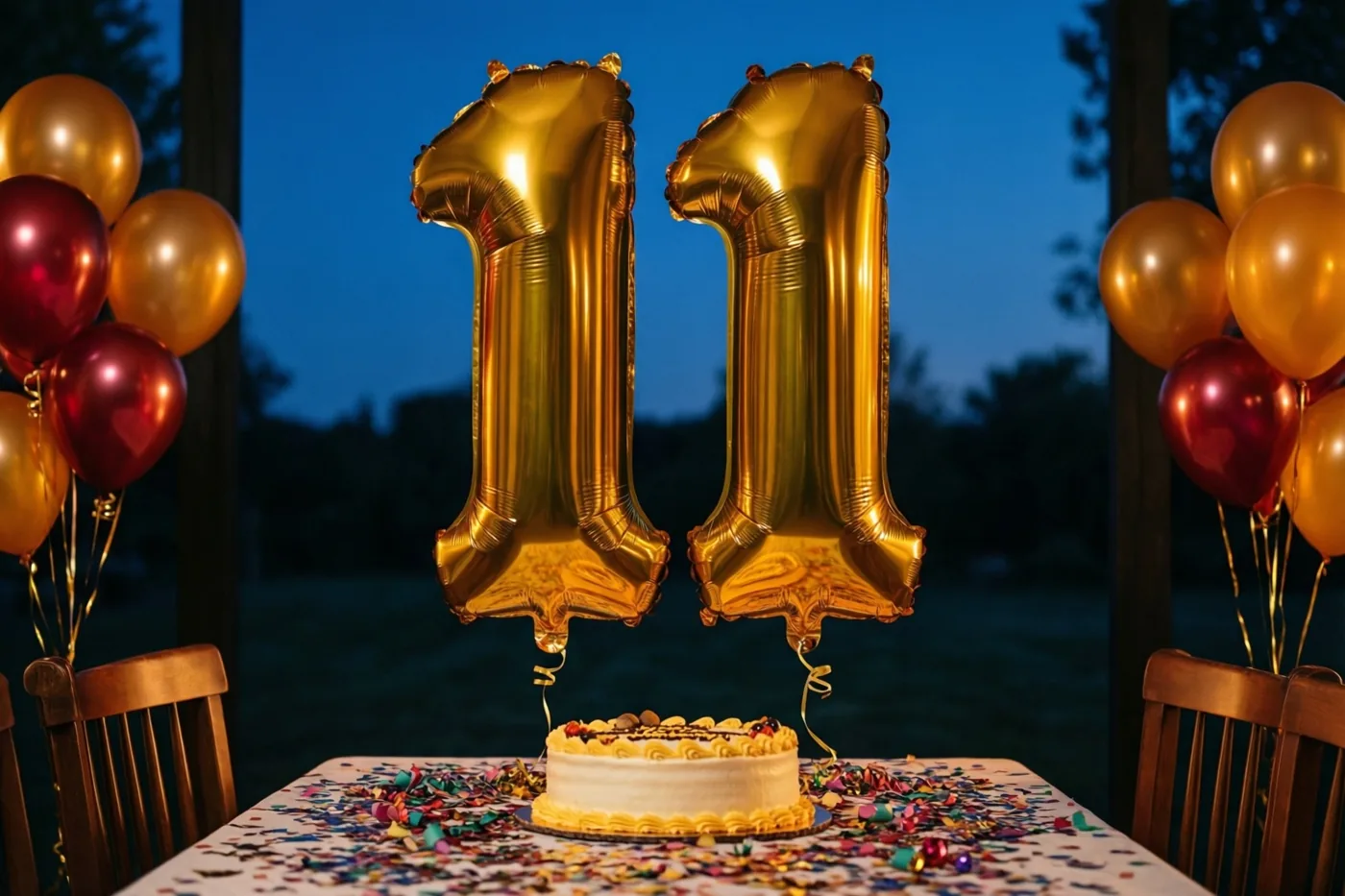 Twee grote gouden folieballonnen vormen 11 boven een tafel met kleurrijke confetti en een kleine taart, met bomen onder een donkerblauwe avondhemel op de achtergrond.