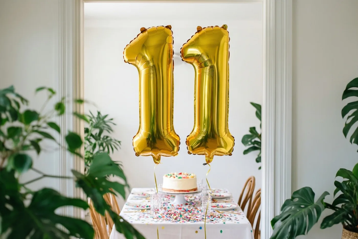 Gouden folieballonnen vormen 11 boven een tafel met confetti en taart, omlijst door een deuropening met witte randen en groene planten aan weerszijden.
