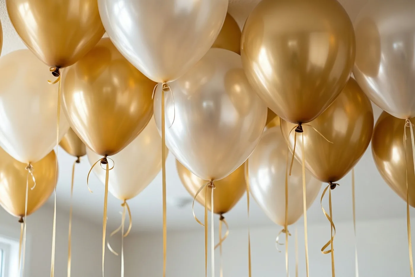 Gouden en witte ballonnen zweven tegen een wit plafond, met lange linten in zacht licht.