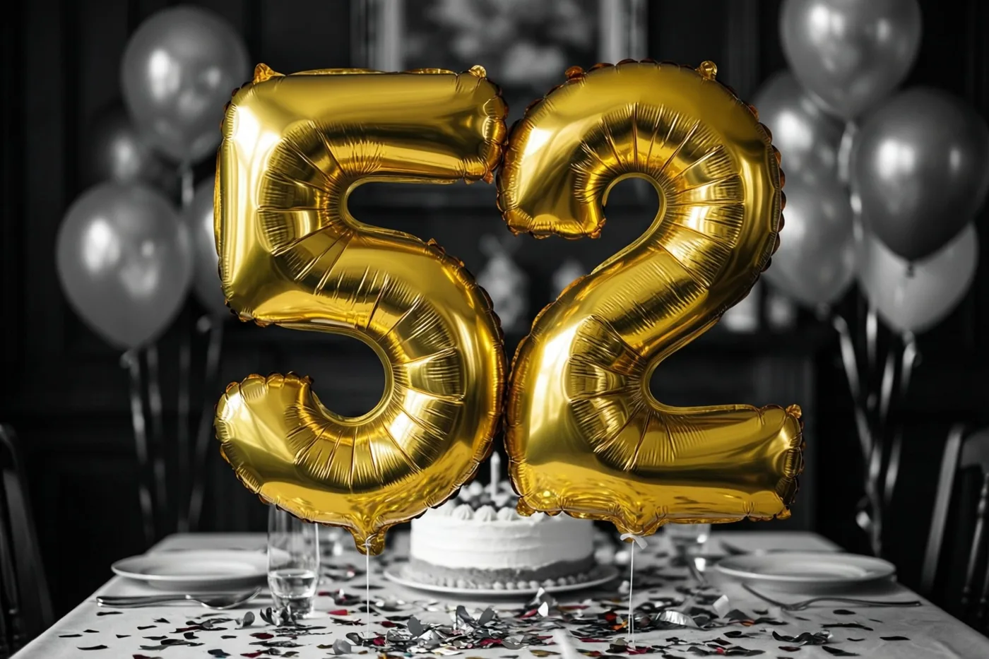 Gouden folieballonnen in de vorm van 52 zweven boven een tafel met confetti en een taart in een schemerige kamer met zilveren ballonnen op de achtergrond.