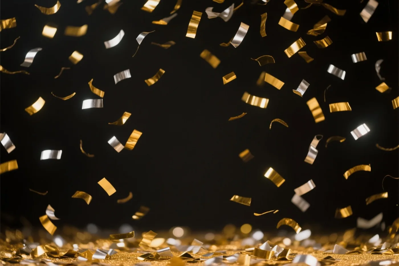 Gouden en zilveren confetti valt tegen een donkere achtergrond en ligt verspreid over de ondergrond vooraan.