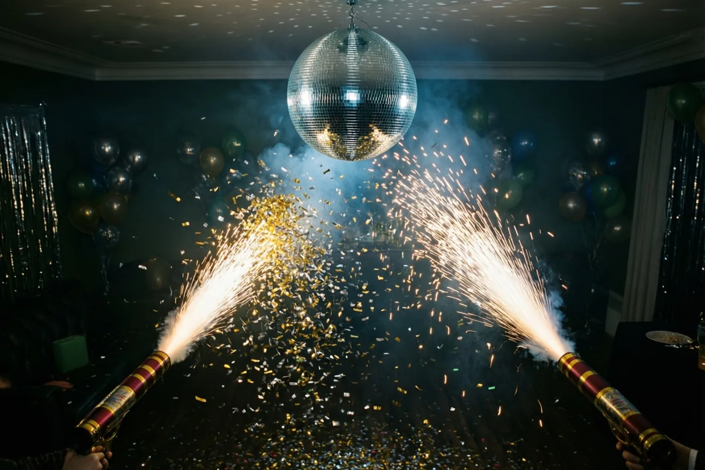 Twee confettikanonnen schieten gouden en zilveren confetti door een donkere feestruimte onder een grote spiegelbol aan het plafond.