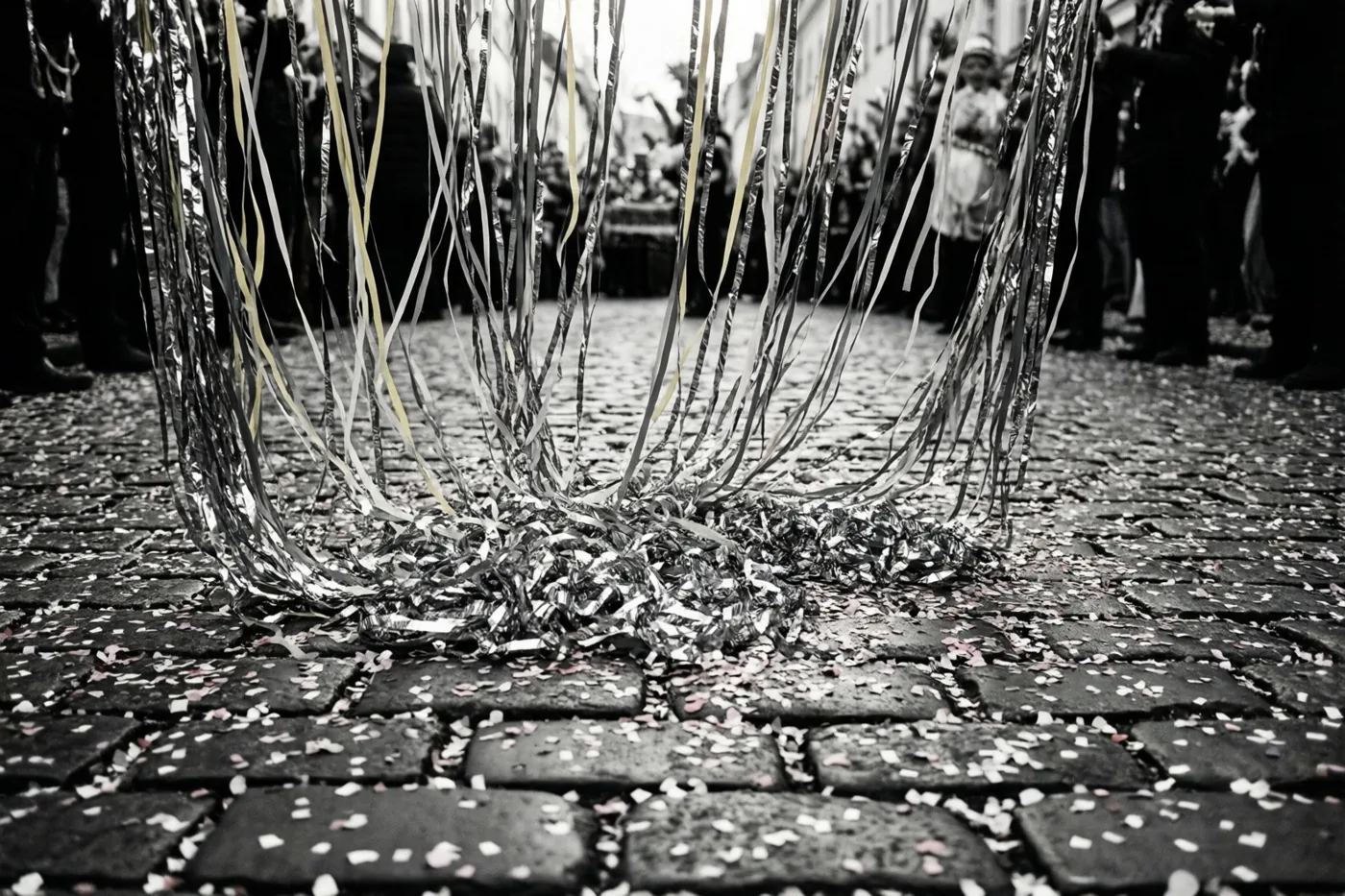 Zilveren en gouden serpentines hangen boven en liggen op kasseien met confetti, in een zwart-wit beeld met selectieve kleur.
