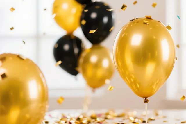Gouden en zwarte ballonnen zweven in een lichte kamer met gouden confetti rondom.