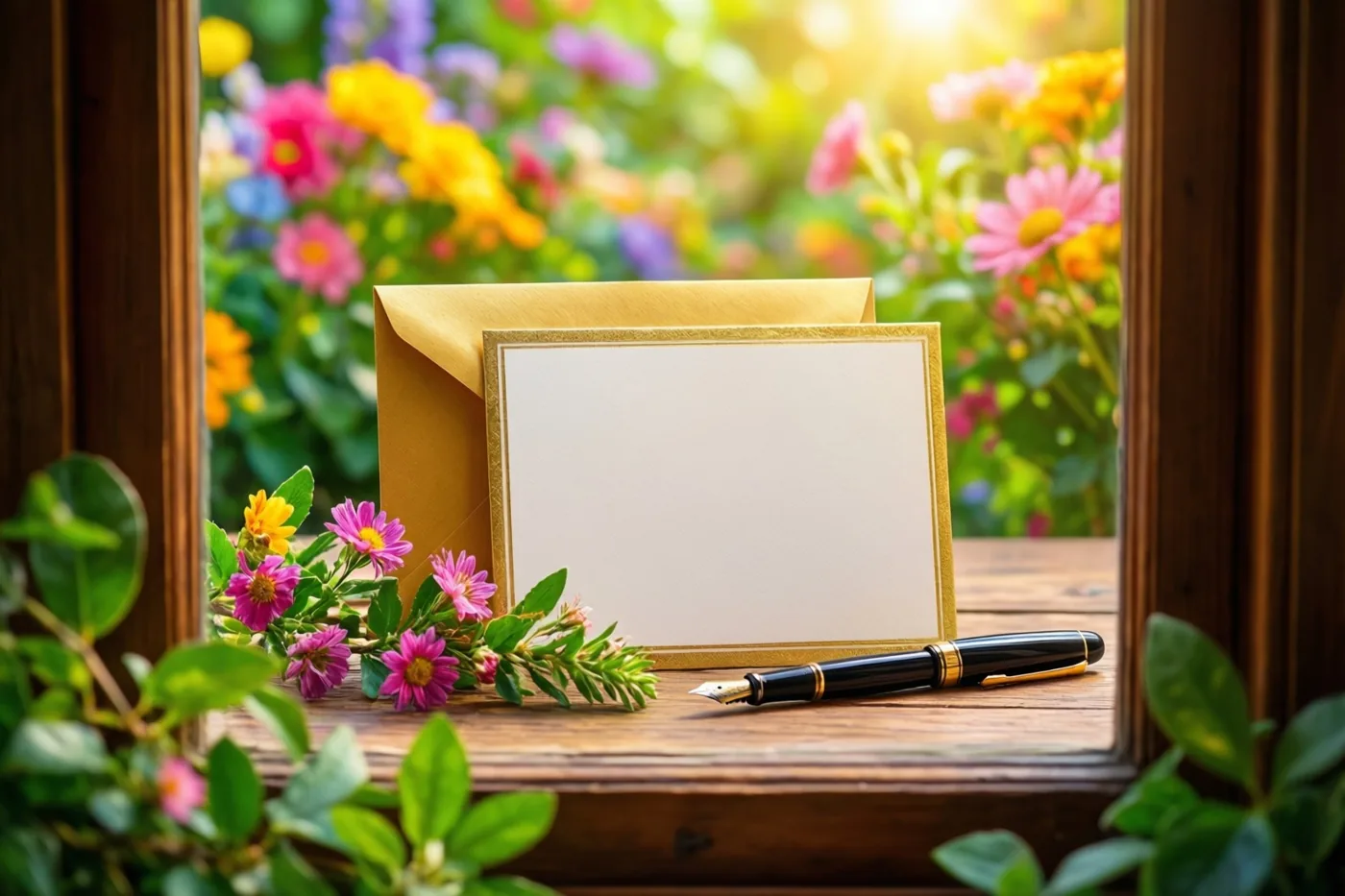 Een blanco kaart met gouden rand steekt in een gouden envelop op een houten vensterbank, naast een zwarte vulpen en roze en gele bloemetjes.