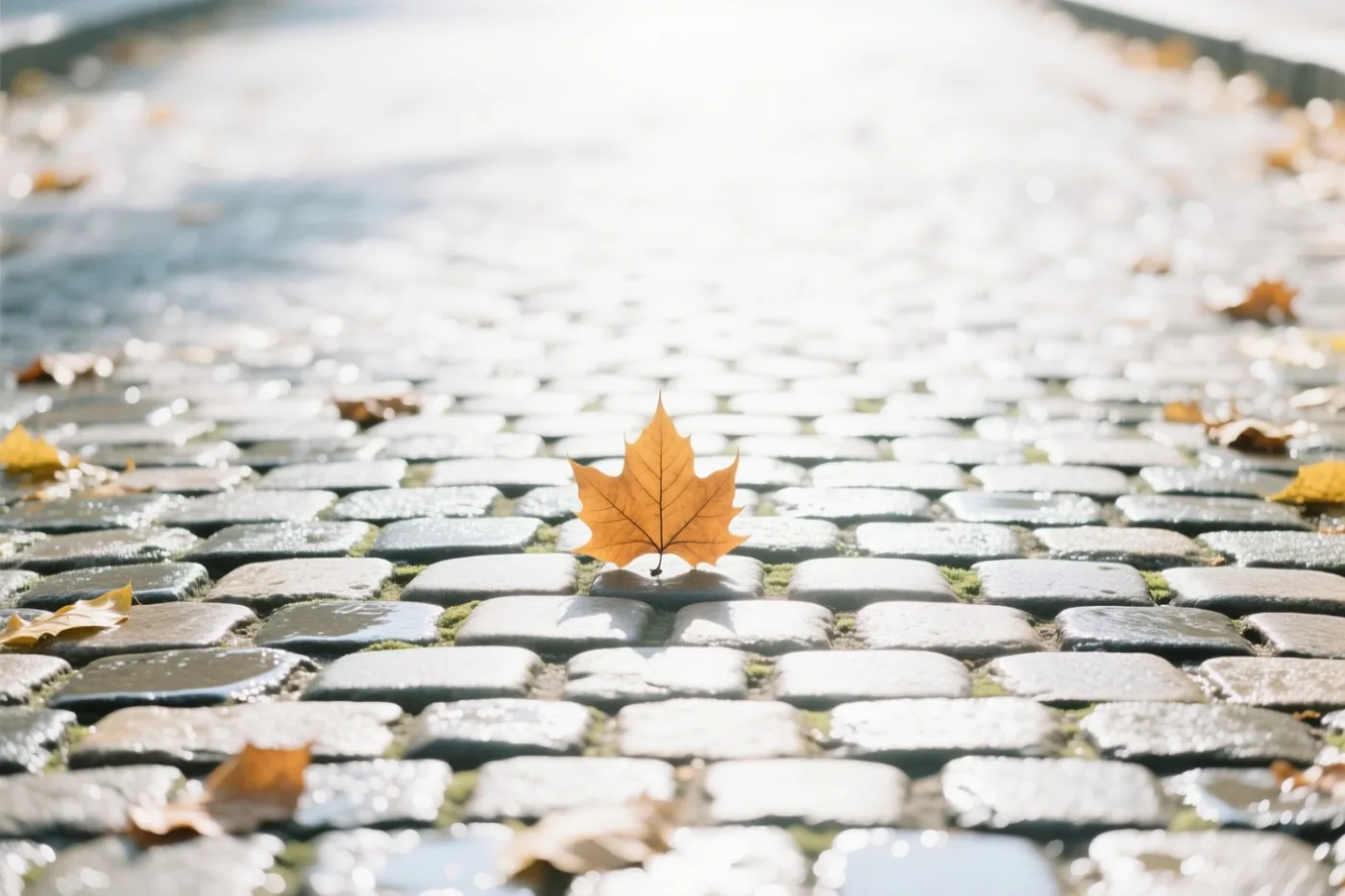 Een goudkleurig esdoornblad ligt op natte kasseien in zacht warm zonlicht, met onscherpe herfstbladeren op de achtergrond.