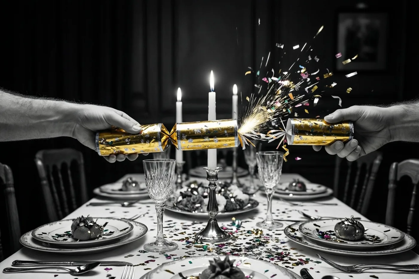 Twee handen trekken aan een gouden feestcracker waar confetti uit springt, boven een formeel gedekte tafel met kaarslicht in een schemerige eetkamer.