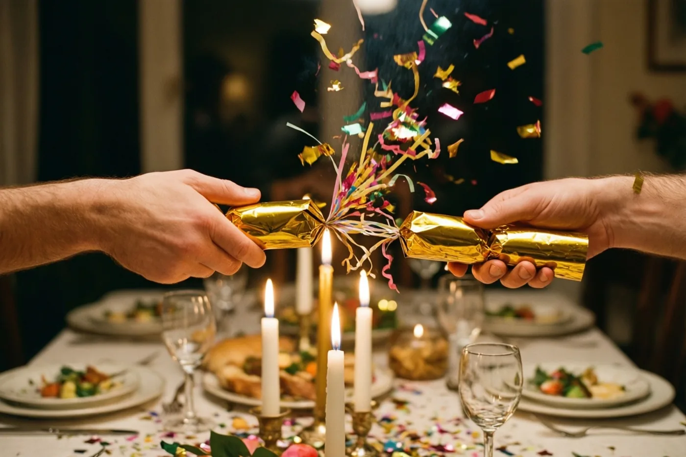 Twee handen trekken een gouden feestcracker uit elkaar boven een tafel met brandende kaarsen en borden eten, waarbij kleurrijke confetti tevoorschijn springt.
