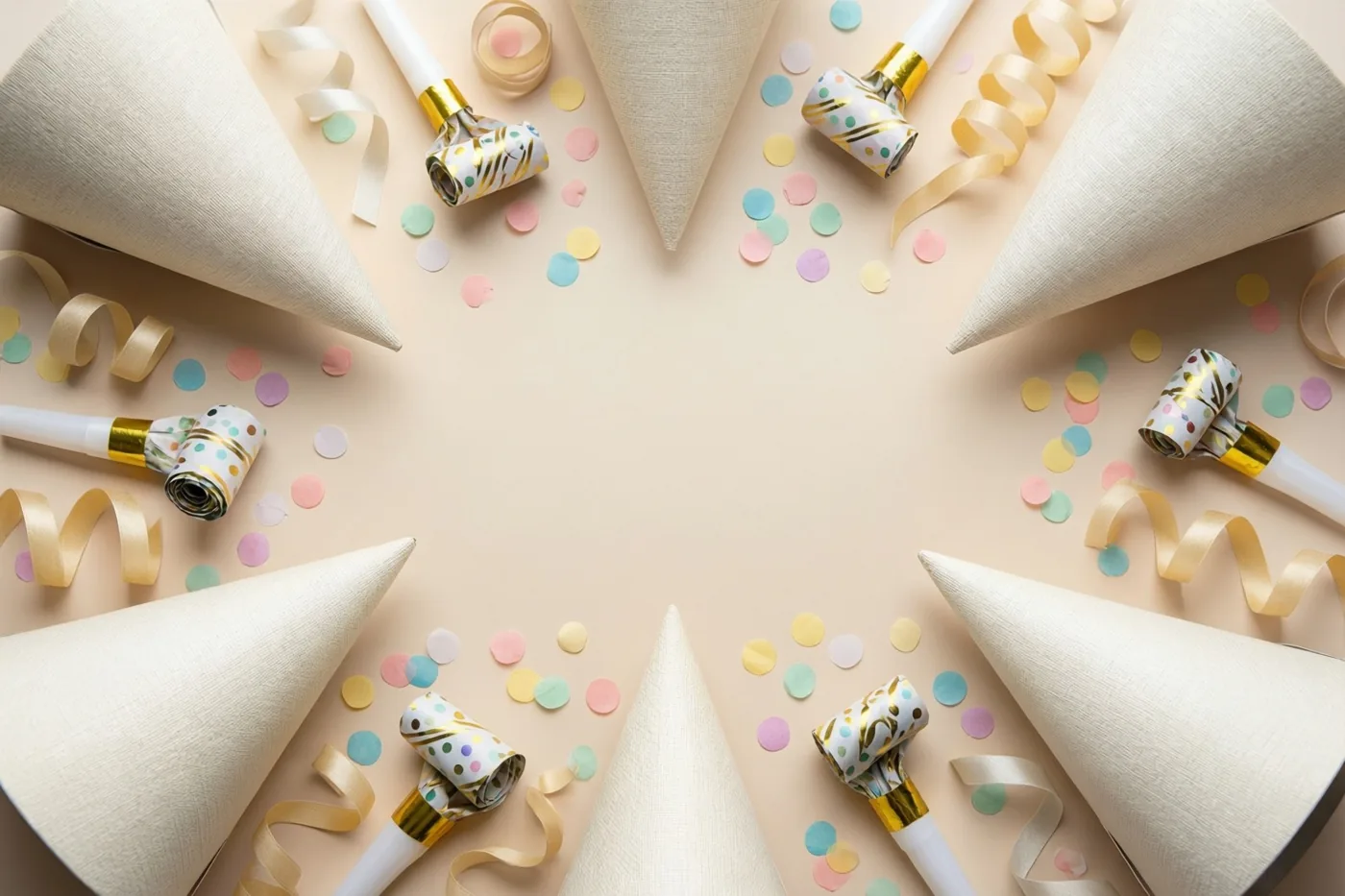 Feesthoedjes, roltongen, confetti en gekrulde linten in pastel- en goudtinten liggen van bovenaf gezien in een cirkel op een pastelbeige ondergrond.