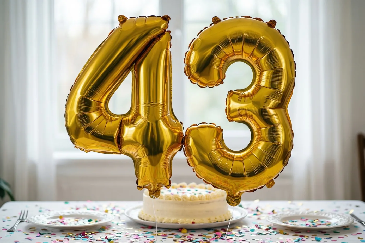 Grote glanzende gouden folieballonnen in de vorm van 4 en 3 zweven boven een tafel met taart en confetti, met zacht raamlicht op de achtergrond.