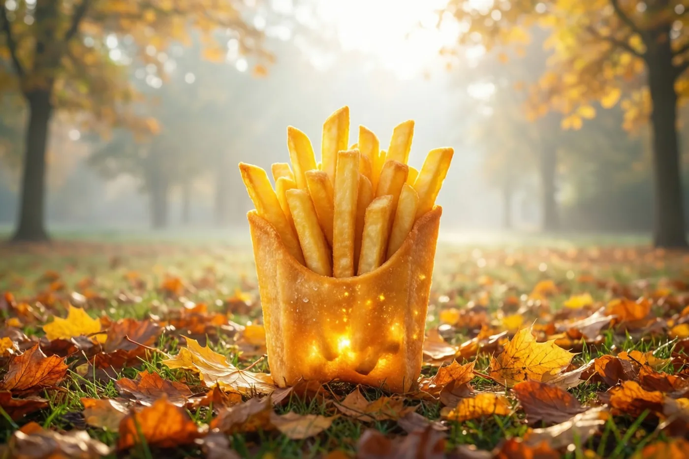 Een goudkleurig oplichtend frietbakje staat op gras met gevallen herfstbladeren, met gele bomen op de achtergrond onder een nevelige, zonovergoten hemel.