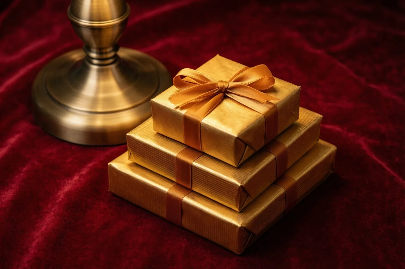 Drie goudkleurig ingepakte cadeaus staan op diep rood fluweel, met een messing lampvoet op de achtergrond.