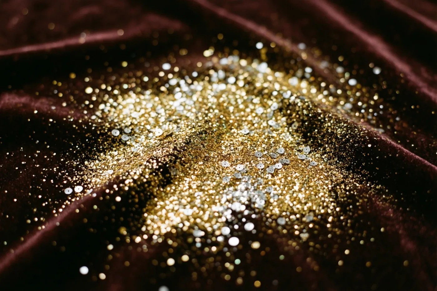 Gouden glitter en zilveren pailletten liggen verspreid op donker fluweel en fonkelen in warm licht.