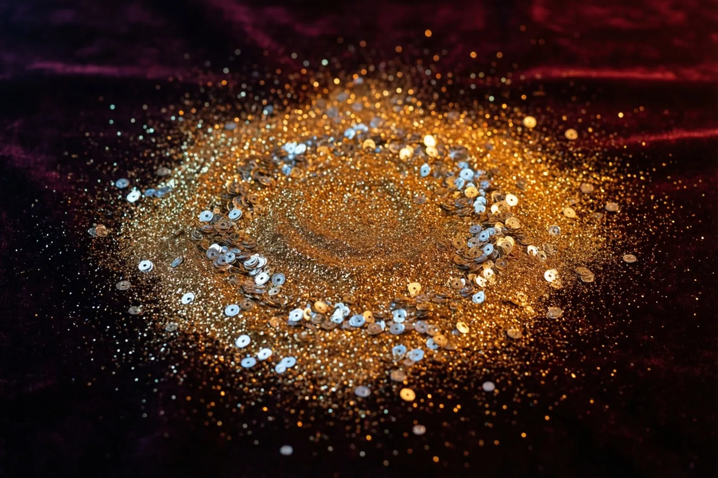 Gouden glitter en zilveren pailletten liggen op donker fluweel in een close-up met warme goudtinten en diep bordeauxrood.