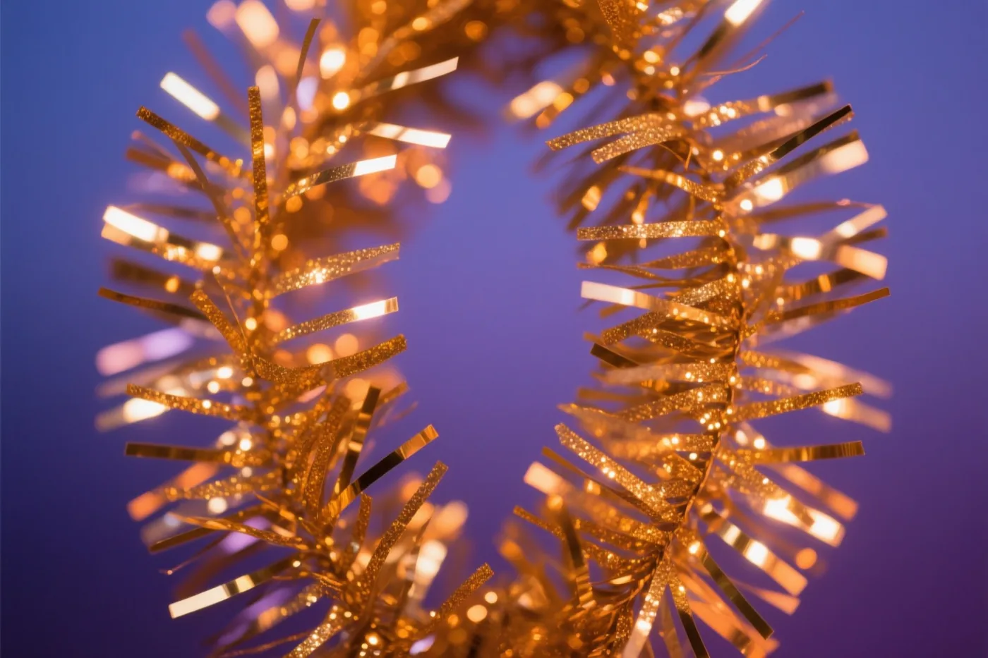 Gouden sliertjes van een glitterslinger vangen van dichtbij het licht tegen een blauwpaarse achtergrond.