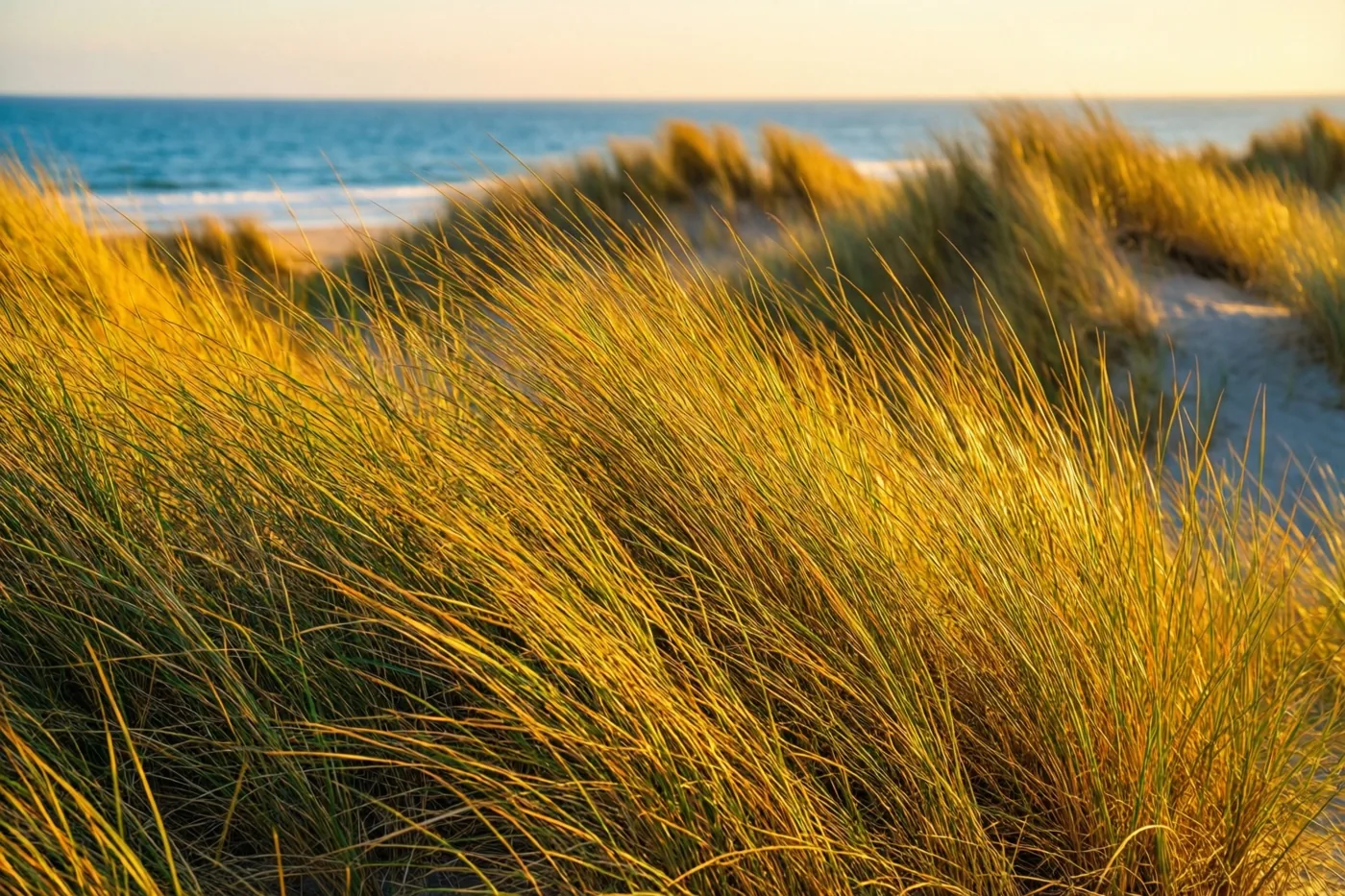 Goudkleurig helmgras op glooiende duinen vangt het warme licht van de ondergaande zon, met de blauwe zee op de achtergrond.