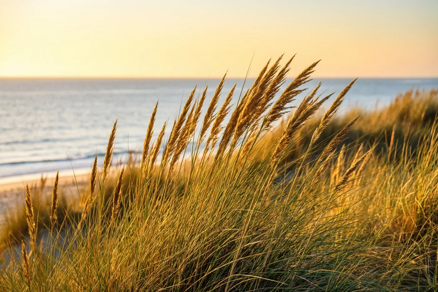 Hoog, goudkleurig helmgras wuift op de duinen, met daarachter een kalme zilverkleurige zee onder een zacht gouden ochtendhemel.