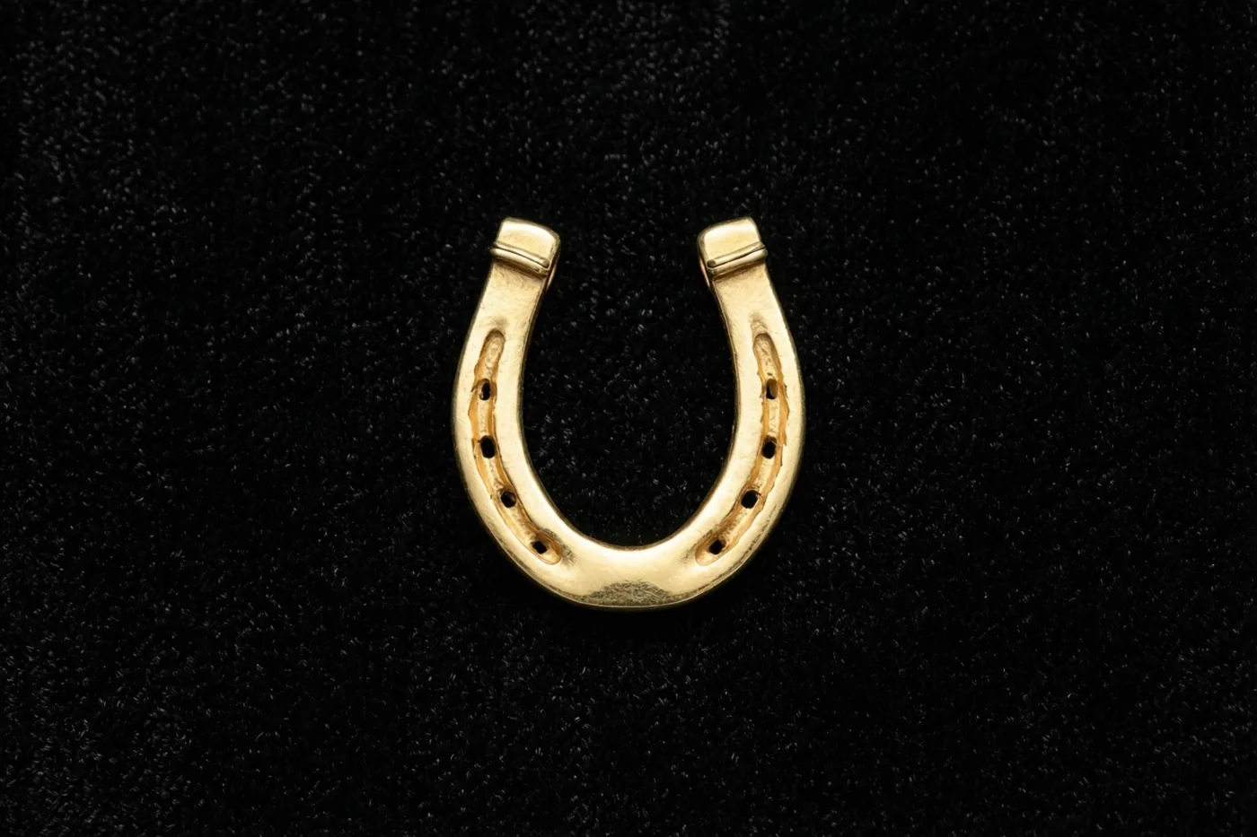 Een gouden hoefijzerbedeltje ligt centraal op zwart fluweel, met een sterk contrast tussen goud en zwart.