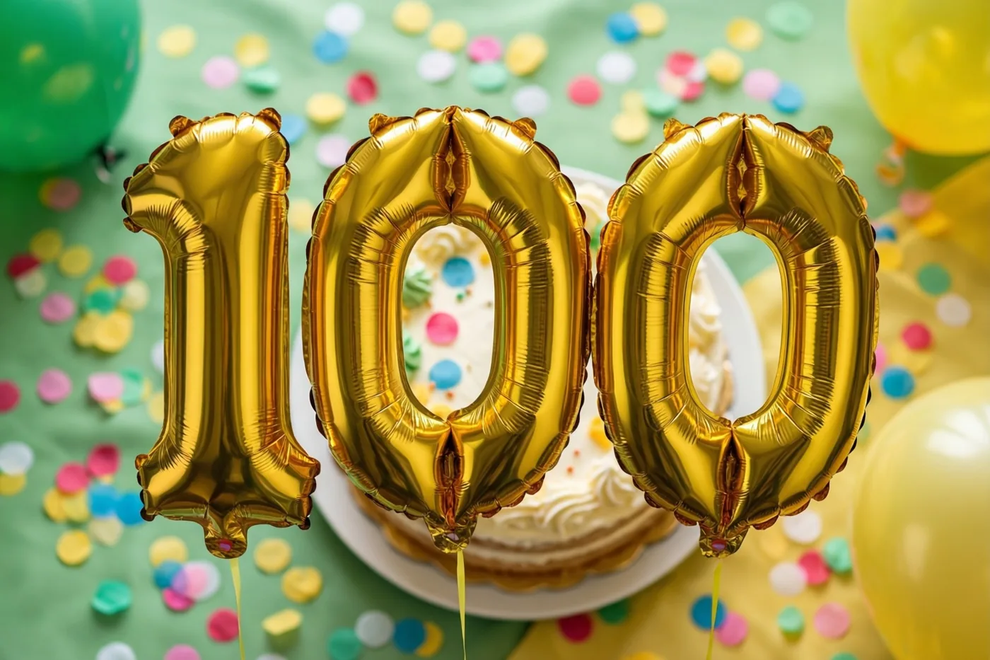 Drie grote gouden folieballonnen vormen 100 boven een taart op een tafel met kleurrijke confetti, tegen een groene achtergrond met gele accenten.