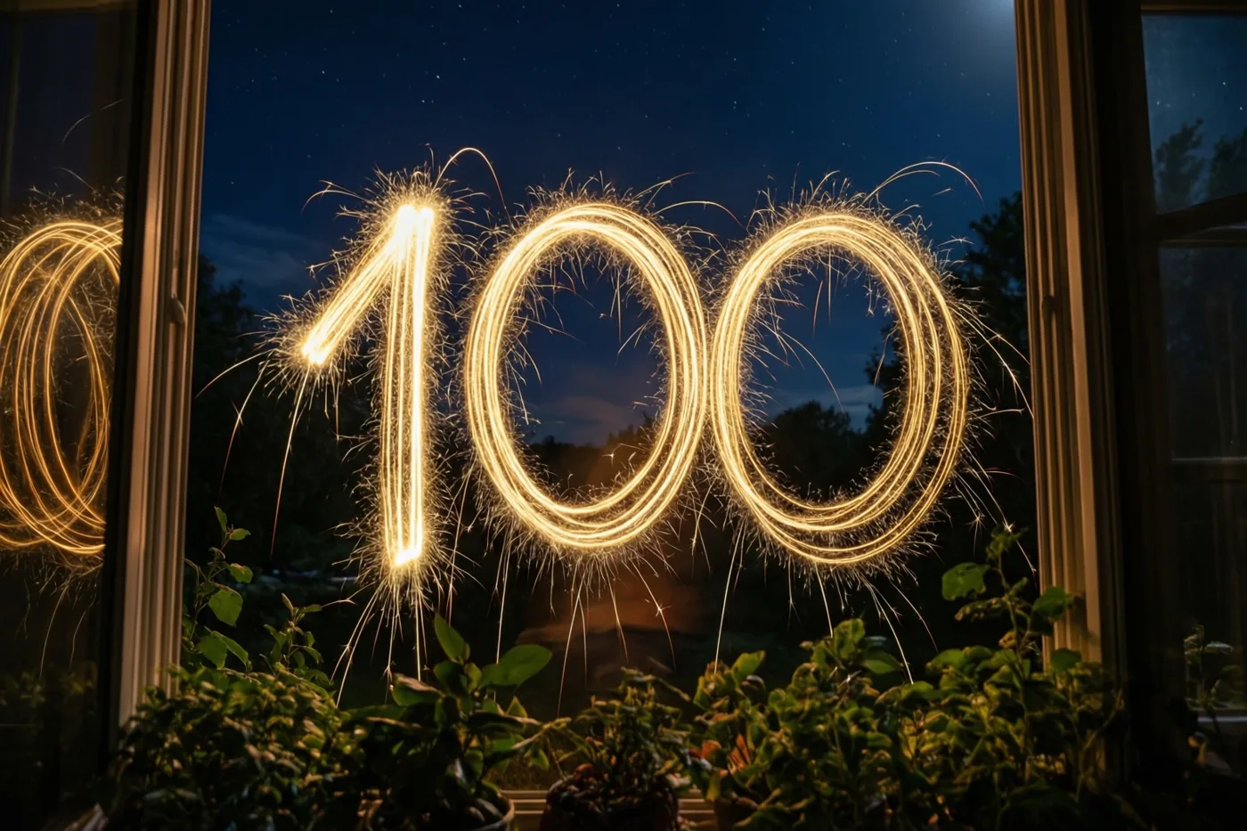 Door een houten raam zijn gouden lichtsporen in de vorm van 100 tegen een sterrenhemel te zien, met kamerplanten op de voorgrond.