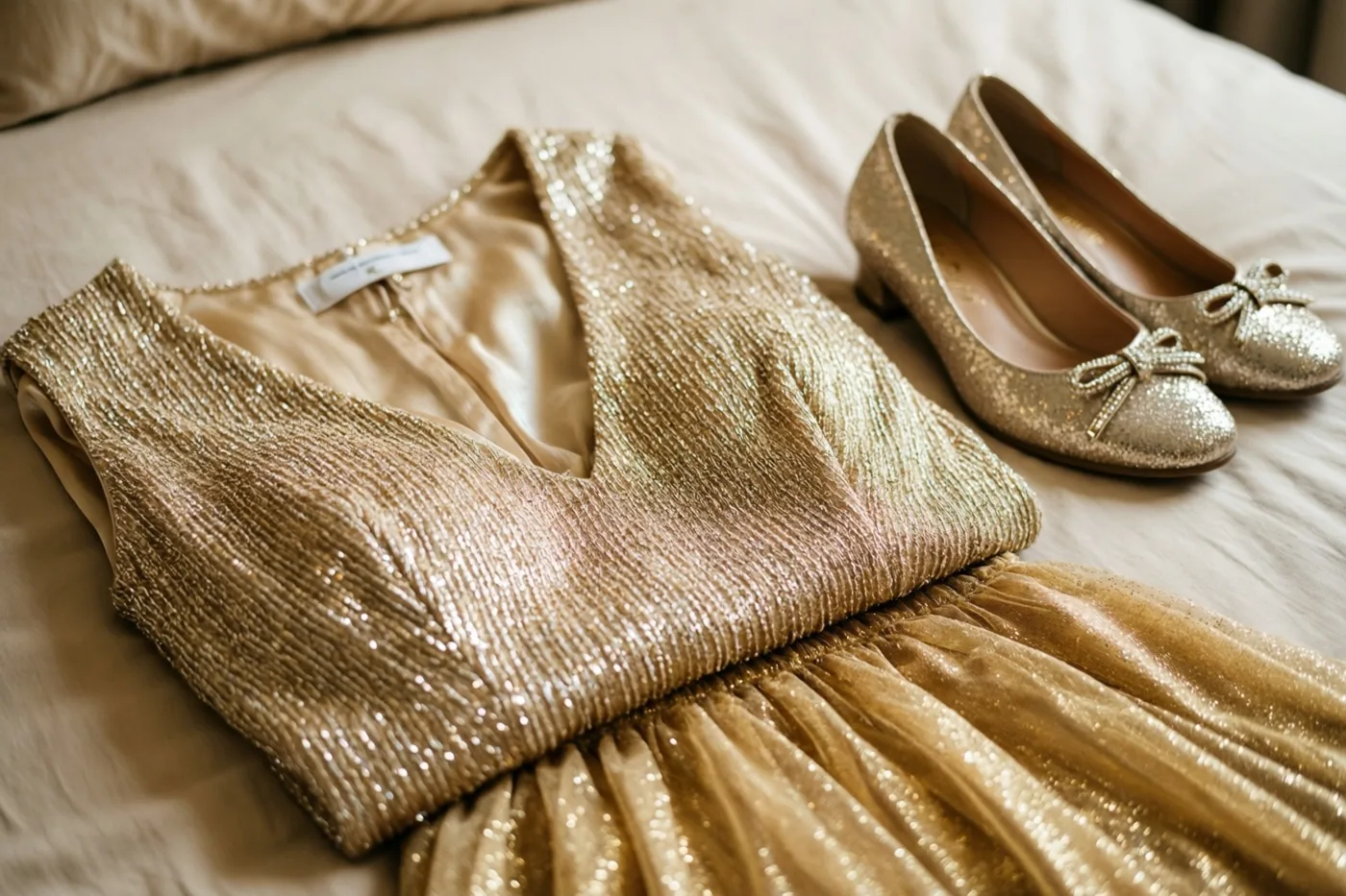 Een opgevouwen gouden jurk met pailletten ligt naast bijpassende glitterschoenen op een lichte bedsprei.