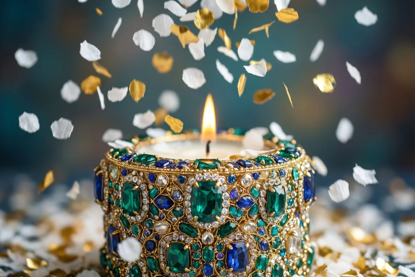 Een brandende kaars in een sierlijke gouden houder met groene en blauwe edelstenen staat tussen vallende witte en gouden confetti tegen een donkere, onscherpe achtergrond.
