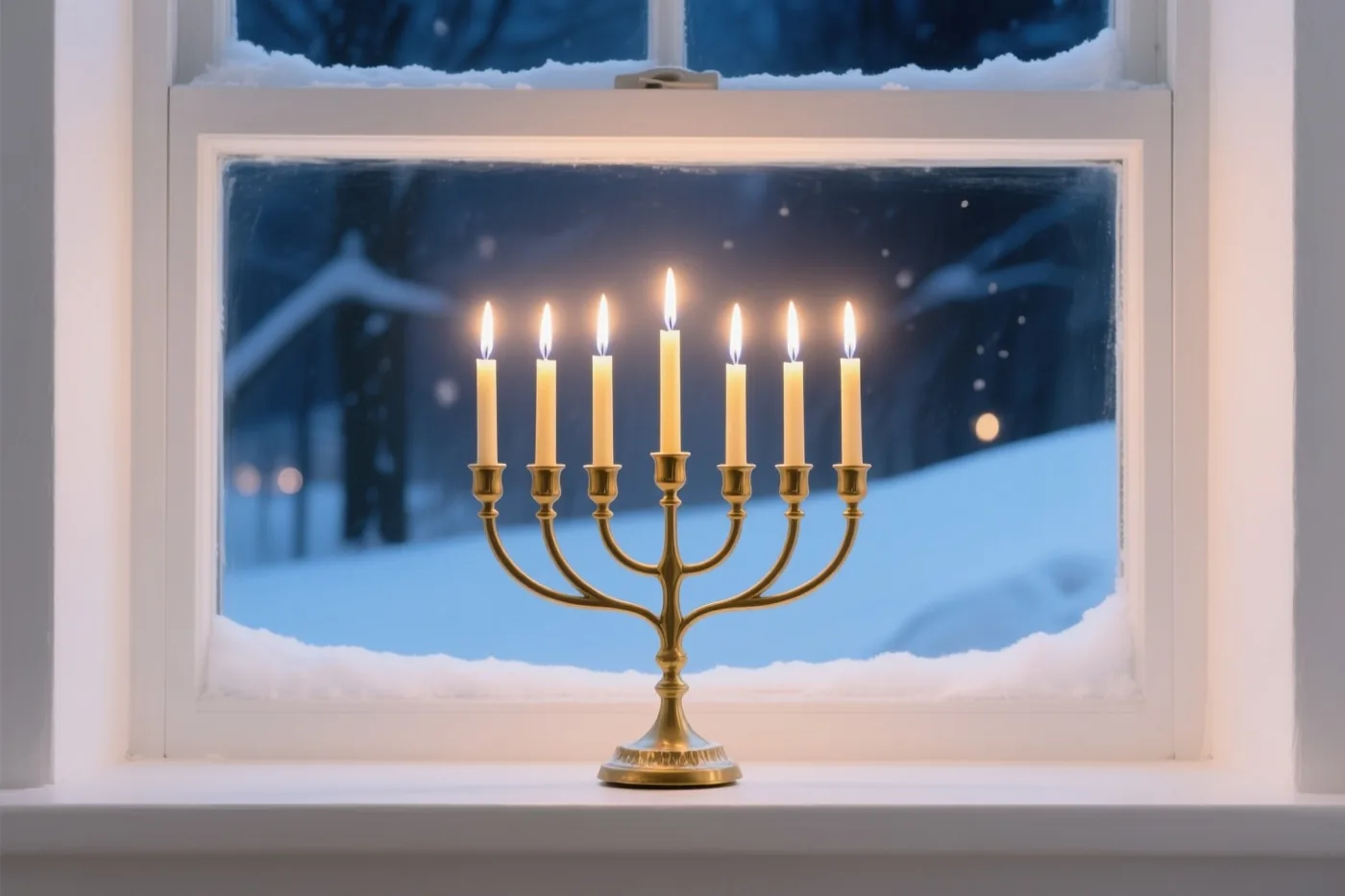 Een gouden negenarmige chanoekia met brandende kaarsen staat op een vensterbank voor een besneeuwd nachtlandschap in blauwe tinten.