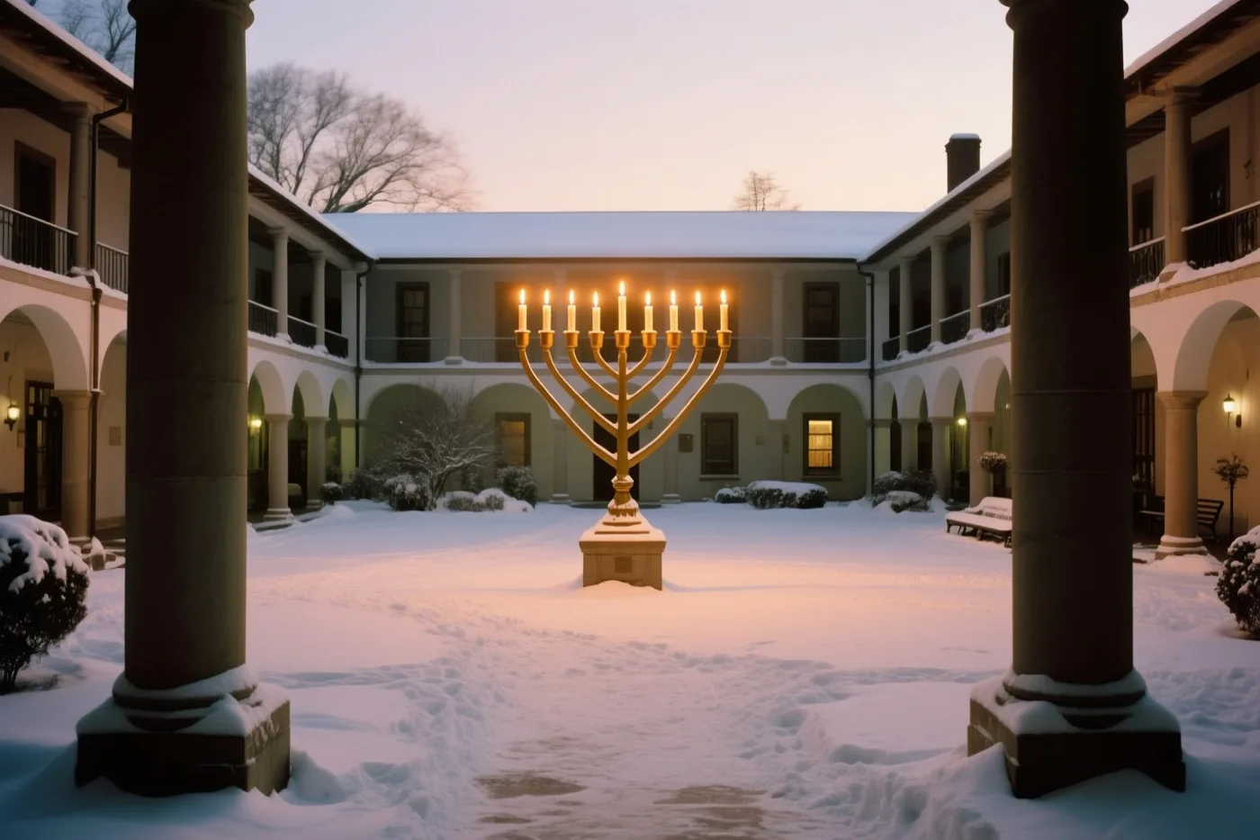 Een grote gouden kandelaar met brandende kaarsen staat op een besneeuwde binnenplaats tussen gebouwen met zuilengangen onder een bleke schemerlucht.