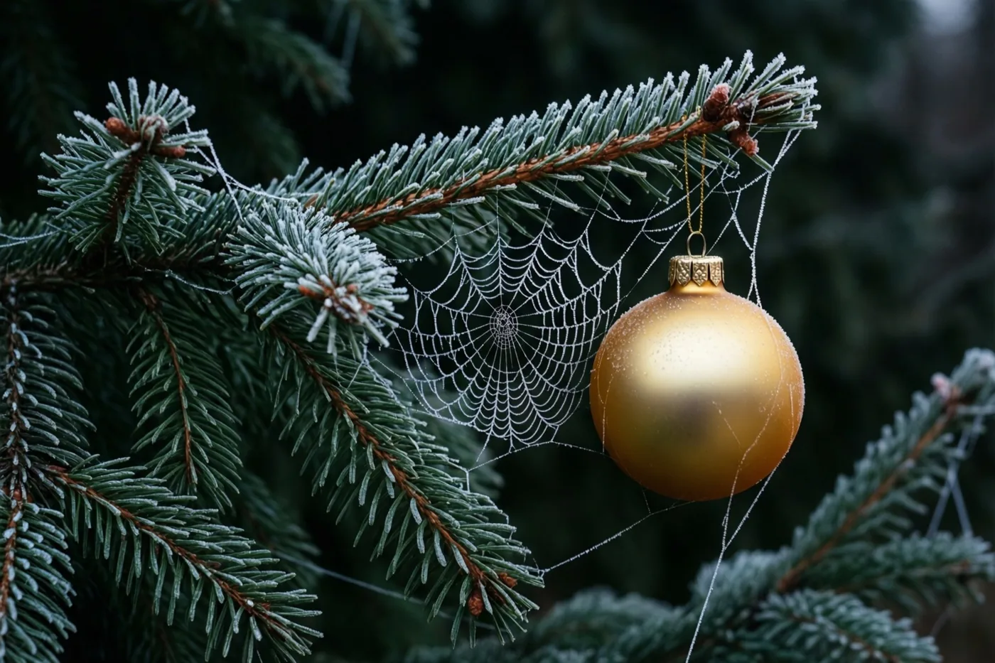 Een gouden kerstbal hangt naast een spinnenweb vol rijp aan een sparrentak in een donker winters bos.