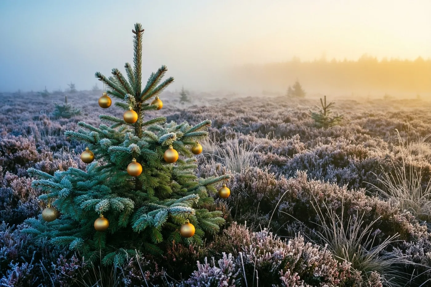 Een kleine fijnspar met gouden kerstballen staat op een berijpte heide onder een mistige hemel, met zacht warm licht aan de horizon.